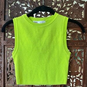 Zara Bright Lime Sleeveless Crop Knit Top